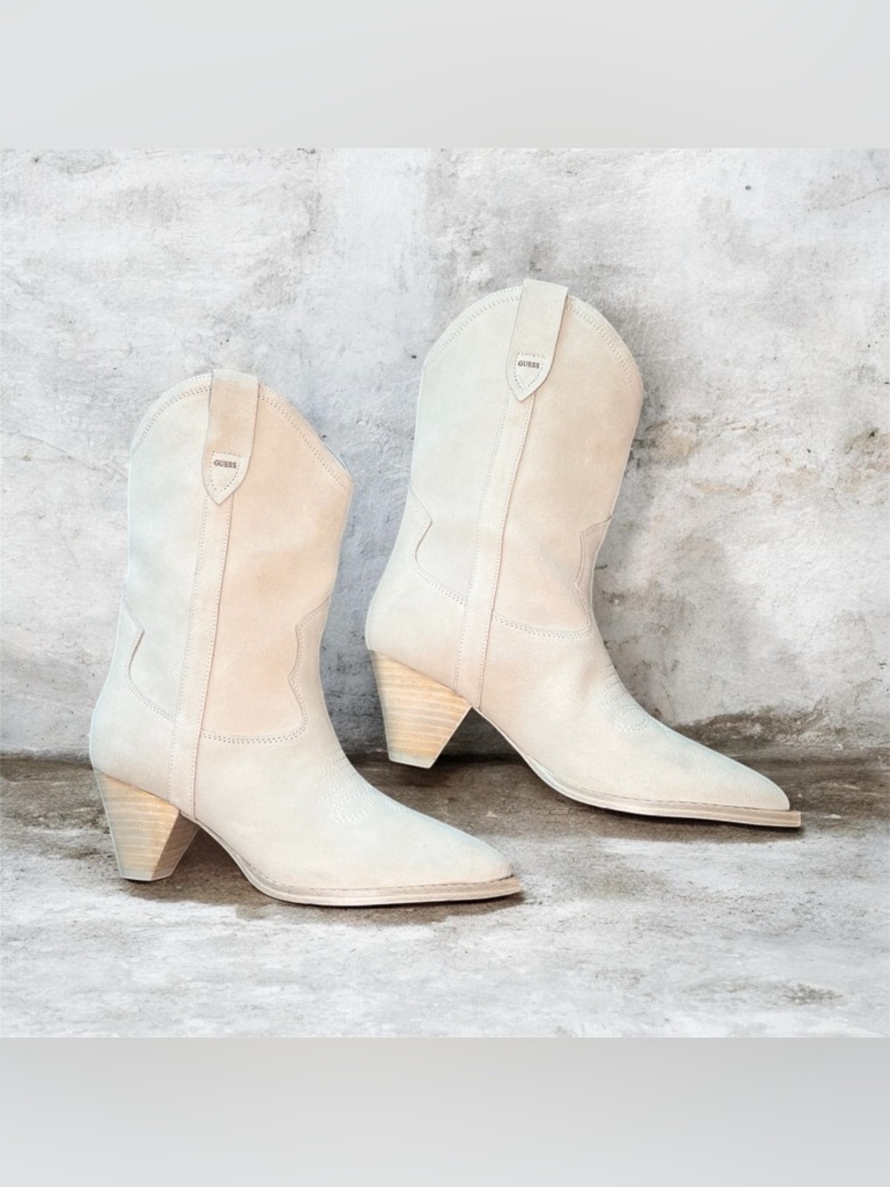 GUESS Light Cream Suede Western Mid-Calf Boots
